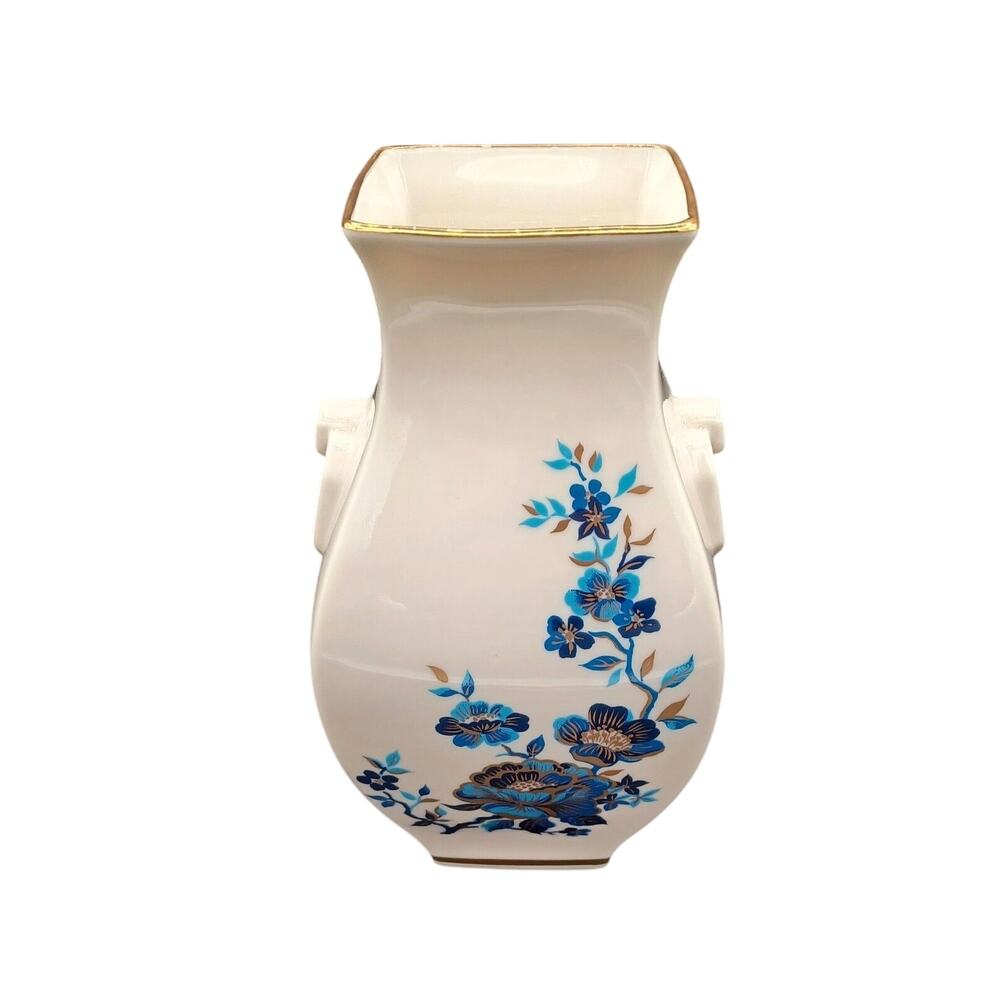 Lenox "Pagoda" 8.5 inch Vase, Beige w/ blue flowers, hand outlined in 24K Gold
